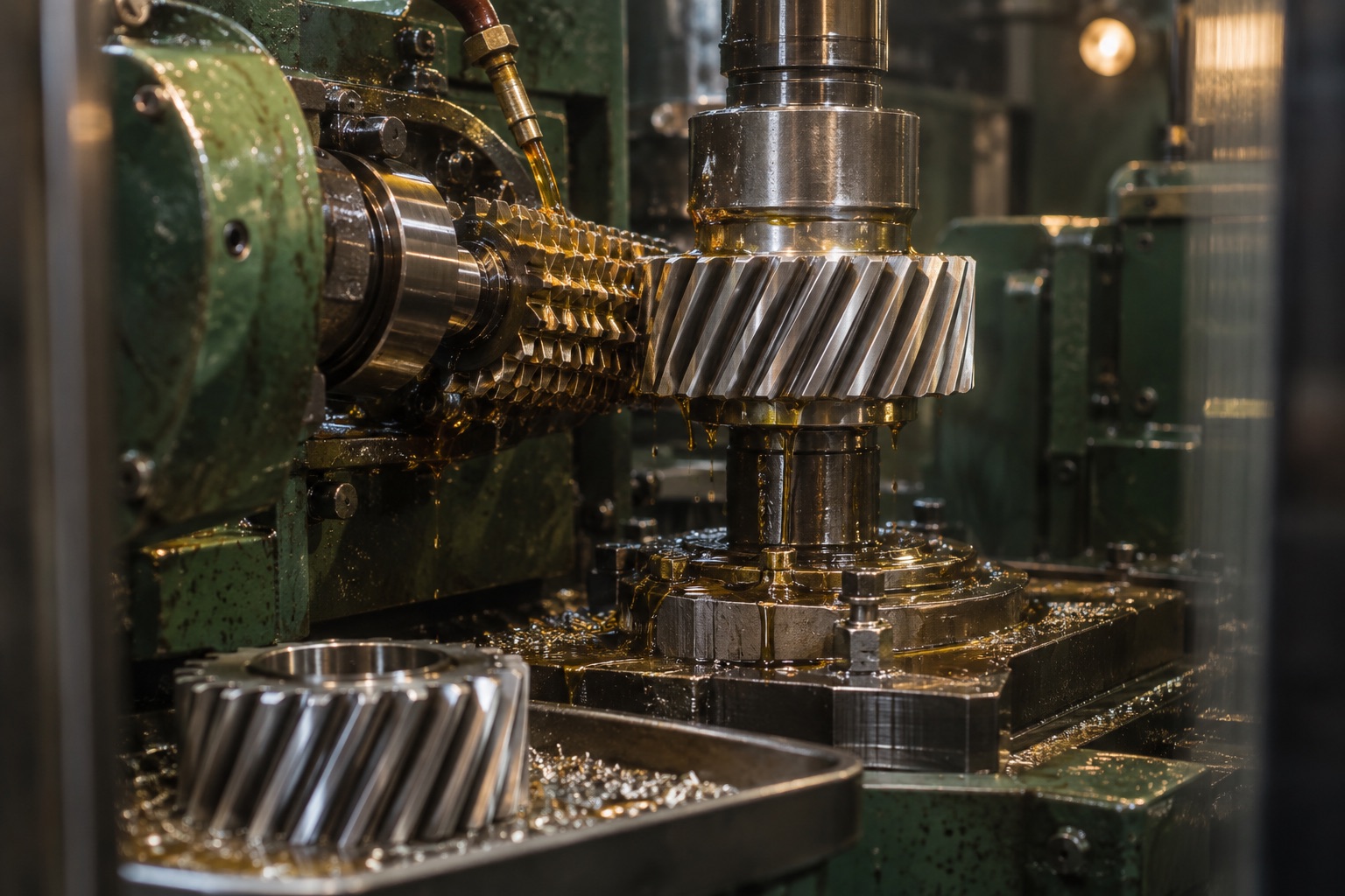 A steel helical gear being cut on a gear-hobbing machine